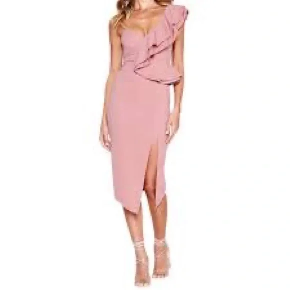 Dresses | Bodycon One Shoulder Pink Wedding Guest Dress Midi Slit Shoulder  Ruffle Small | Poshmark